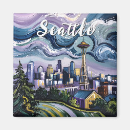 Seattle Skyline Van Gogh Style Vintage Reisen Art Magnet