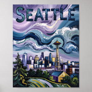 Seattle Skyline Van Gogh Style Vintage Reisen Art Poster