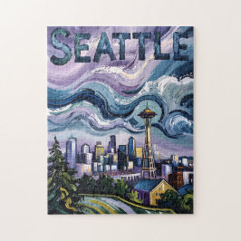 Seattle Skyline Van Gogh Style Vintage Travel Art Puzzle