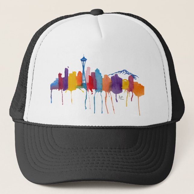Seattle Skyline w Logo Truckerkappe (Vorderseite)