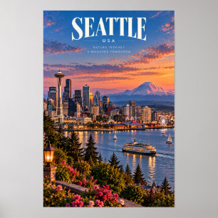 Seattle USA Space Needle und Mount Rainier Reise Poster