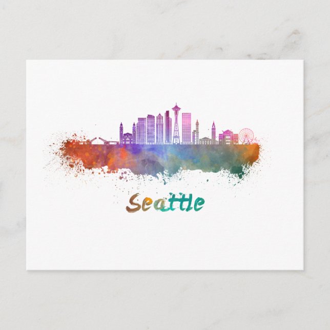 Seattle V2 Skyline in Aquarell Postkarte (Vorderseite)