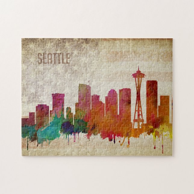 Seattle, WA | Aquarell-Stadt-Skyline Puzzle (Horizontal)