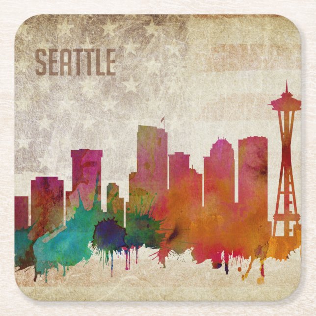 Seattle, WA| Aquarell-Stadt-Skyline Rechteckiger Pappuntersetzer (Vorderseite)