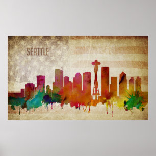 Seattle, WA   Wasserfarbe Stadt Skyline Poster