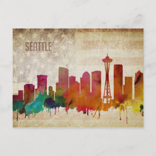Seattle, WA   Wasserfarbe Stadt Skyline Postkarte