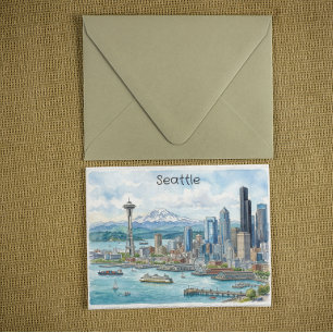 Seattle Washington Aquarell Kunst Reise Skyline Postkarte