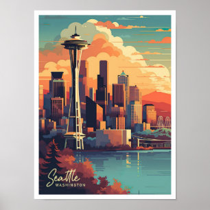 Seattle Washington Art Vintage Travel Illustration Poster
