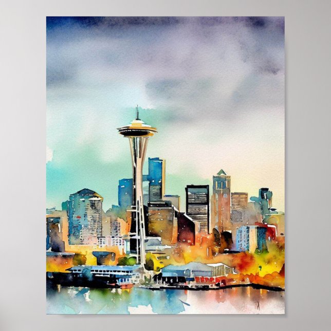 Seattle Washington City Skyline Wasserfarbe Poster (Vorne)