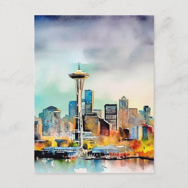 Seattle Washington City Skyline Wasserfarbe Postkarte (Vorderseite)