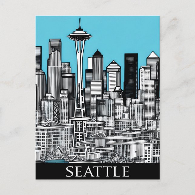 Seattle Washington Citycape in Schwarz und Weiß Postkarte (Vorderseite)