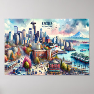 Seattle Washington Famous Travel Places Aquarell Poster