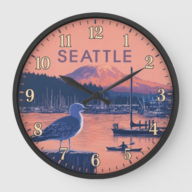 Seattle Washington Harbor Mount Rainier Sunset Große Wanduhr (Vorderseite)
