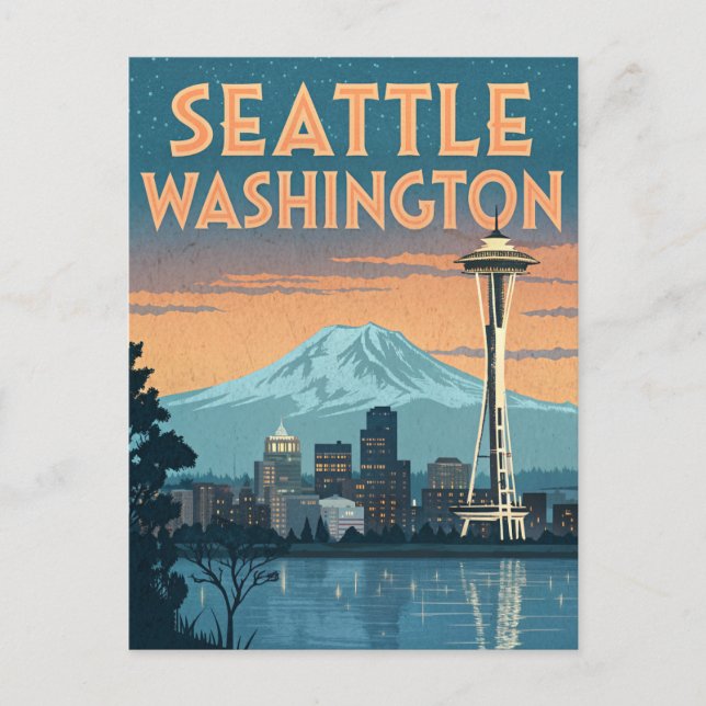 Seattle Washington Retro Skyline Postkarte (Vorderseite)