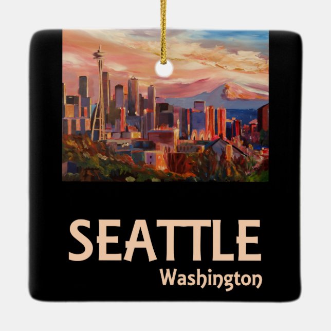 Seattle Washington Retro Travel Poster Keramikornament (Rückseite)