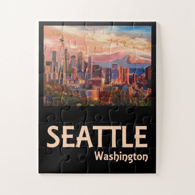 Seattle Washington Retro Travel Poster Puzzle (Vertikal)