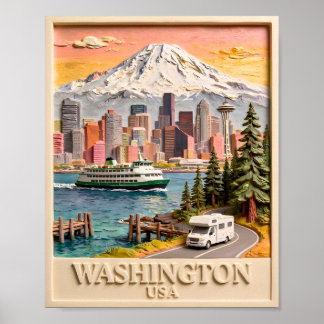 Seattle Washington Roadtrip Texturierte Stadtsilho Poster