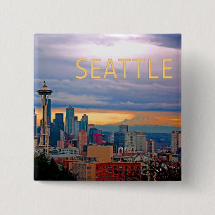 Seattle Washington Skyline bei Sunset TEXT SEATTLE Button