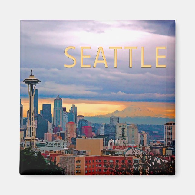 Seattle Washington Skyline bei Sunset TEXT SEATTLE Magnet (Vorne)