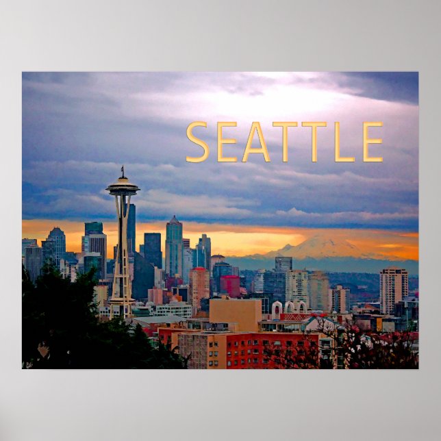 Seattle Washington Skyline bei Sunset TEXT SEATTLE Poster (Vorne)