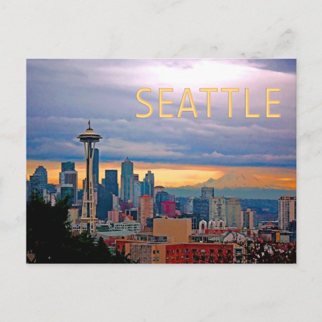 Seattle Washington Skyline bei Sunset TEXT SEATTLE Postkarte (Vorderseite)