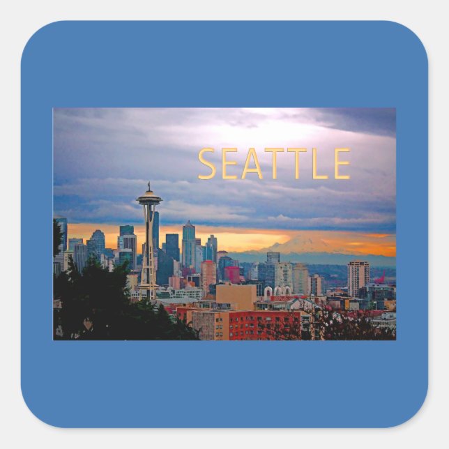 Seattle Washington Skyline bei Sunset TEXT SEATTLE Quadratischer Aufkleber (Vorderseite)