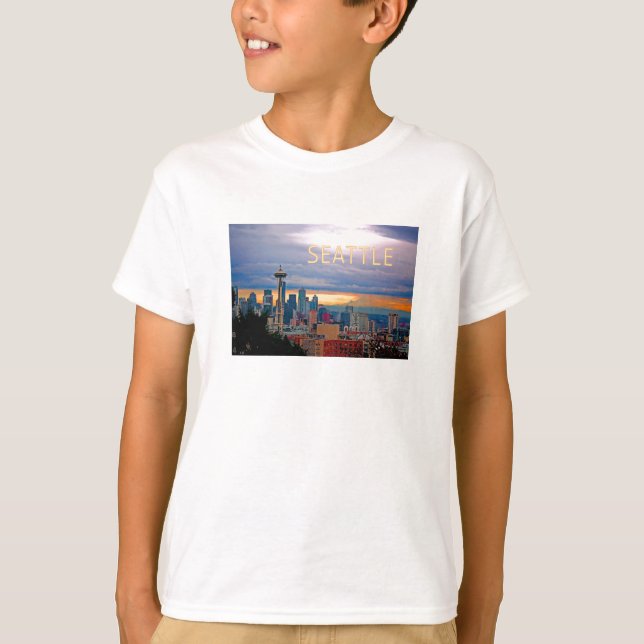 Seattle Washington Skyline bei Sunset TEXT SEATTLE T-Shirt (Vorderseite)
