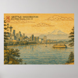 Seattle Washington Skyline im japanischen Ukiyo-e- Poster