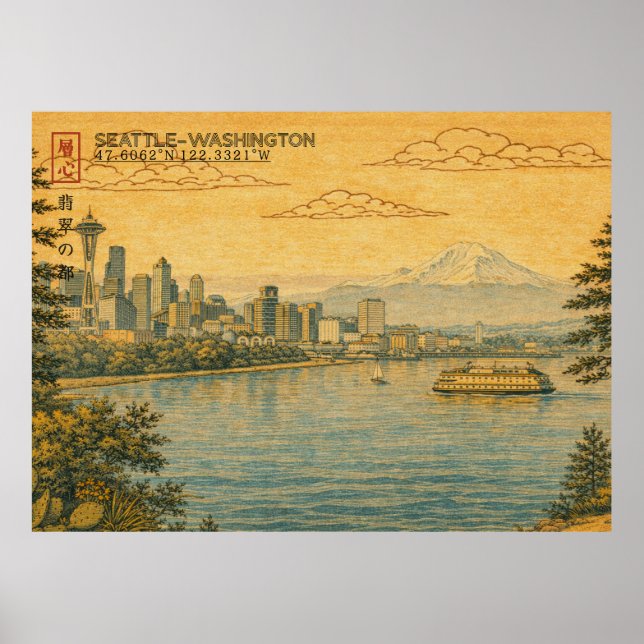 Seattle Washington Skyline in Japanese Ukiyo-e Poster (Vorne)