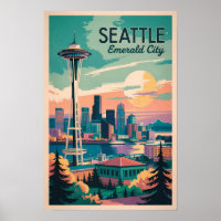 Seattle Washington Skyline Reisen Art Vintag