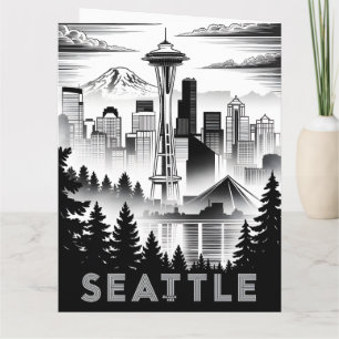 Seattle Washington Skyline Schwarz Weiß Holzschnit Karte