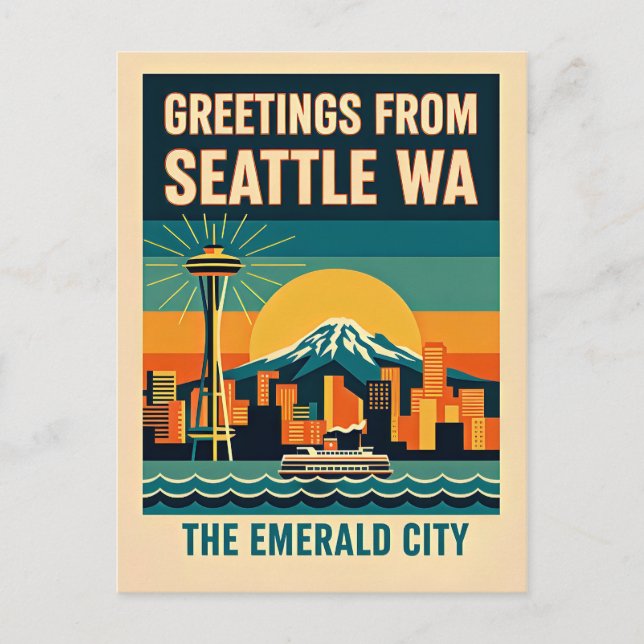 Seattle Washington – The Emerald City Retro 1930s Postkarte (Vorderseite)