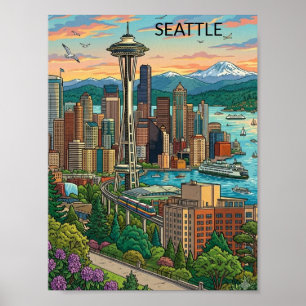 Seattle, Washington Vintage Reise Stadtansicht Poster