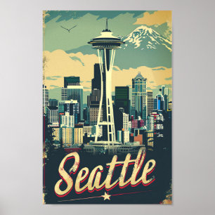 Seattle Washington Vintage Travel Illustration Poster