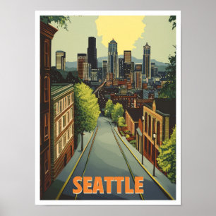Seattle Washington Vintage Travel Illustration Poster