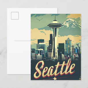 Seattle Washington Vintage Travel Illustration Postkarte