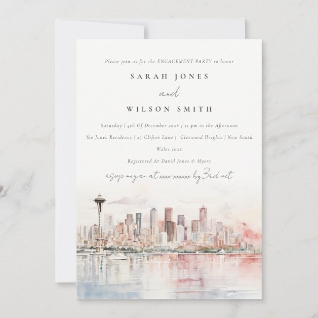 Seattle Washington Watercolor Landscape Engagement Einladung (Vorderseite)