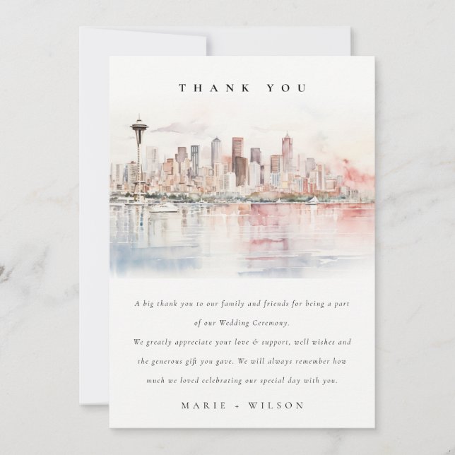 Seattle, Washington Watercolor Landscape Wedding Dankeskarte (Vorderseite)