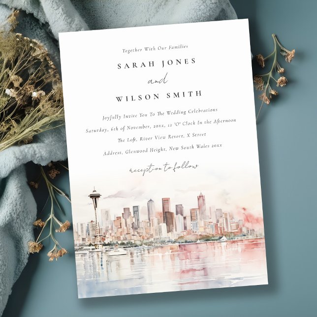 Seattle, Washington Watercolor Landscape Wedding Einladung (Von Creator hochgeladen)