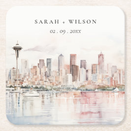Seattle, Washington Watercolor Landscape Wedding Rechteckiger Pappuntersetzer