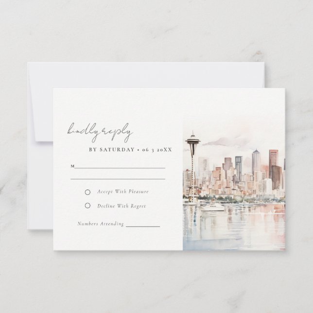 Seattle Washington Watercolor Landscape Wedding RSVP Karte (Vorderseite)
