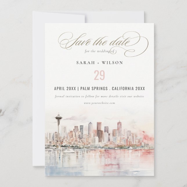 Seattle, Washington Watercolor Landscape Wedding Save The Date (Vorderseite)