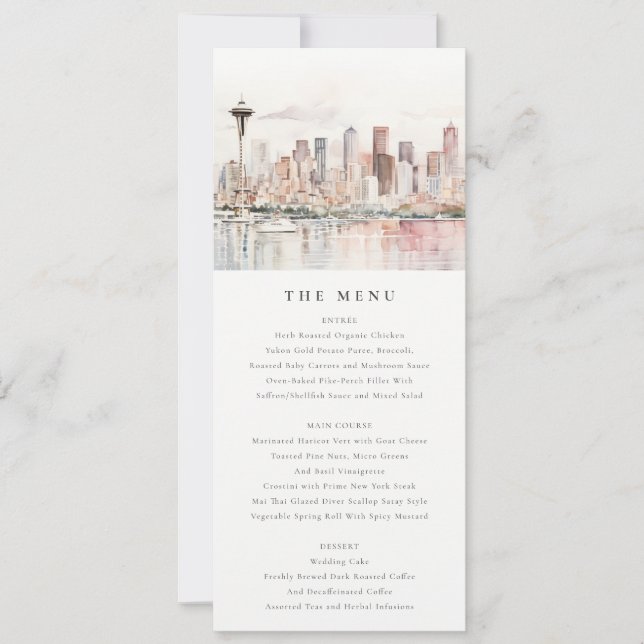 Seattle Washington Watercolor Scape Wedding Menu Einladung (Vorderseite)