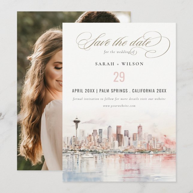 Seattle Washington Watercolor Scape Wedding Photo Save The Date (Vorne/Hinten)