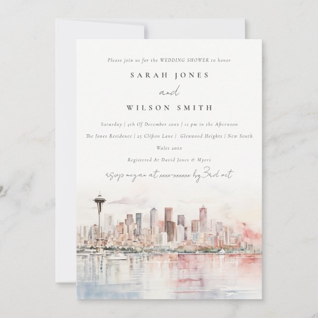 Seattle Washington Watercolor Scape Wedding Shower Einladung (Vorderseite)