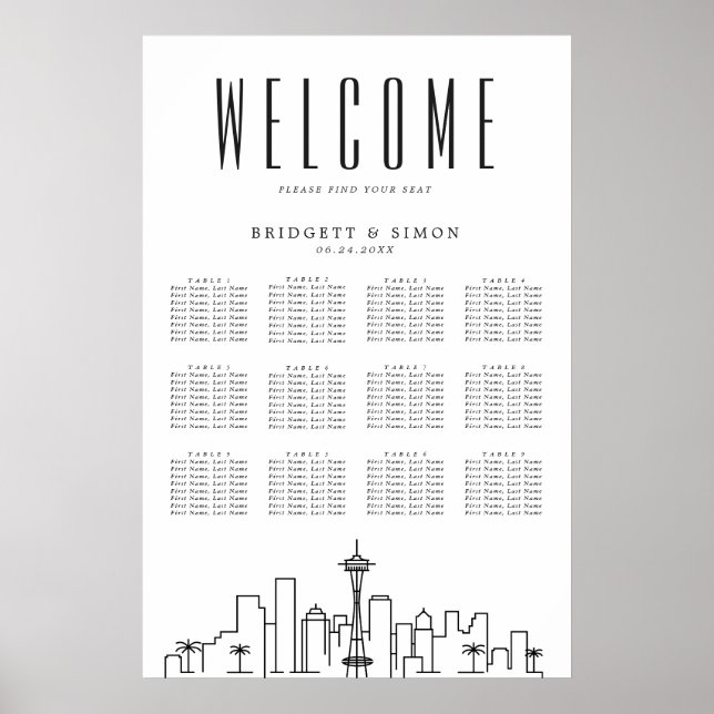 Seattle Wedding | 12 Tabelle Seating Chart Poster (Vorne)