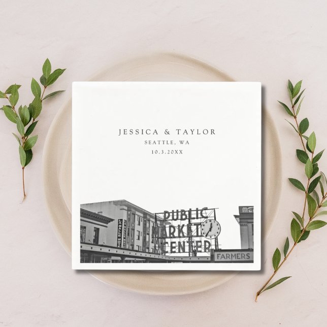 Seattle Wedding Custom Foto Cocktail Napkins Serviette (Pikes Place Wedding View Personalized Napkin)