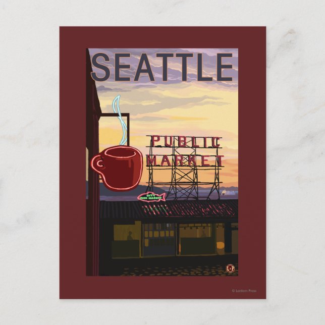 SeattlePike Place Market - Zeichen und Wasser Postkarte (Vorderseite)