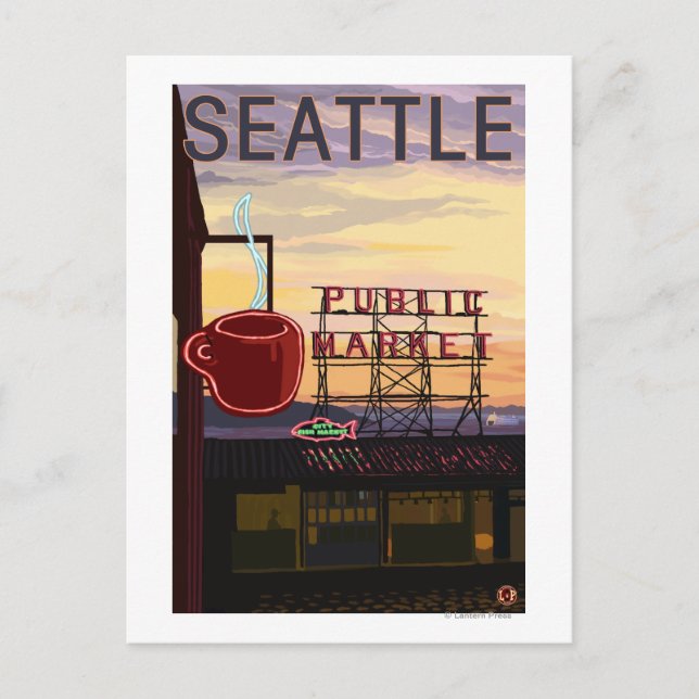 SeattlePike Place Market - Zeichen und Wasser Postkarte (Vorderseite)