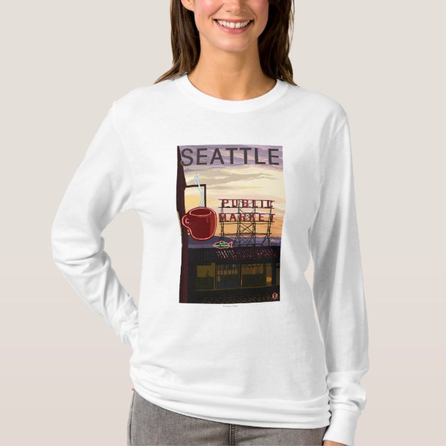 SeattlePike Platz-Markt-Zeichen und Wasser-Ansicht T-Shirt (Vorderseite)
